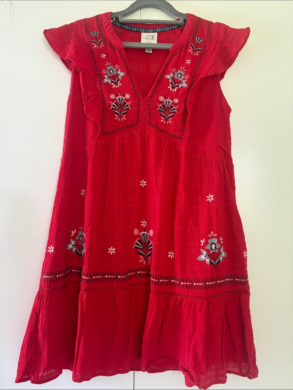 Knox Rose cotton red tiered dress with intricate floral embroidery S